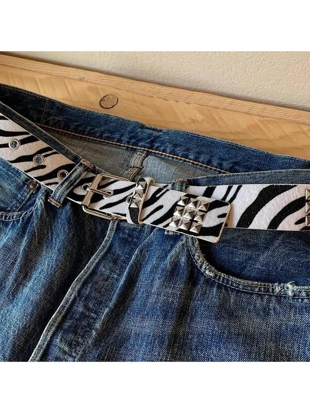Y2k cyber 2000s style Zebra white fur studded silver belt. 42 inches